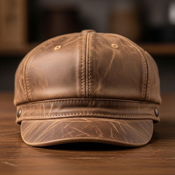 Handmade Vintage Brown Leather Cap, Distressed Hat Unisex