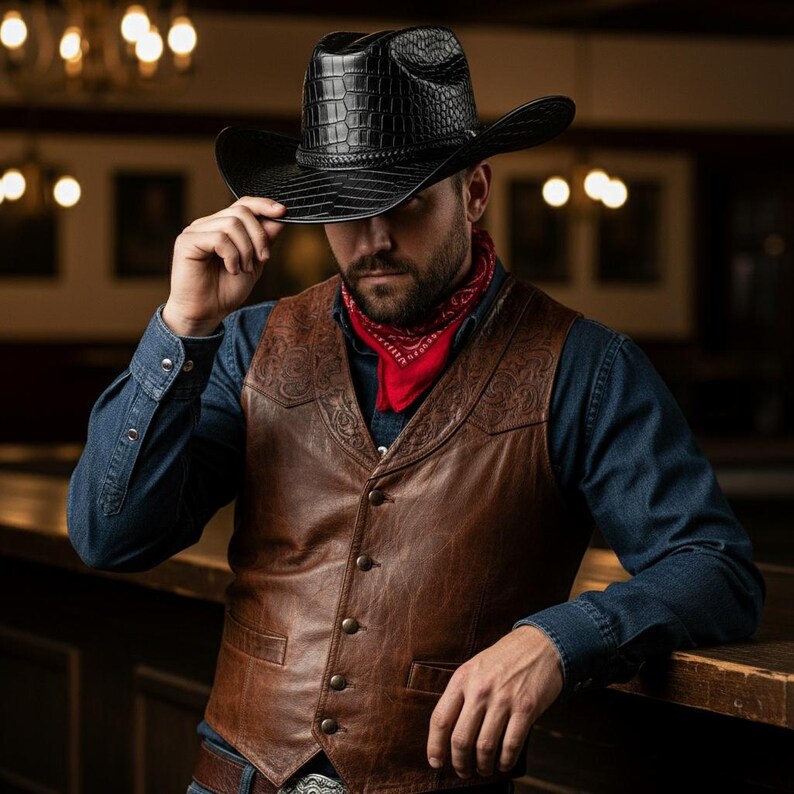 May include: A black cowboy hat with a textured pattern is worn with a brown leather vest and a red bandana. The vest has a button-up front and decorative embossed detailing. The person is wearing a blue denim shirt.
