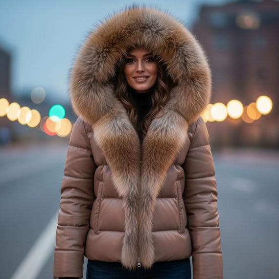 Women’s Winter Puffer Leather Jacket with Real Fox Fur Hood, Designer Style Warm Coat