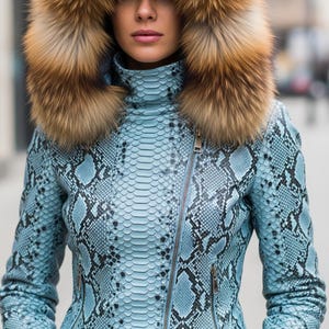 May include: A light blue snakeskin-patterned jacket with a high collar and a fur-lined hood. The jacket has a diagonal zip and multiple smaller zips. The fur is a mix of brown and tan.
