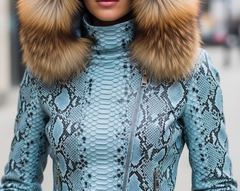 Luxus Damen Python Texture Lederjacke Echter Fuchspelz, Veste en peau de serpent