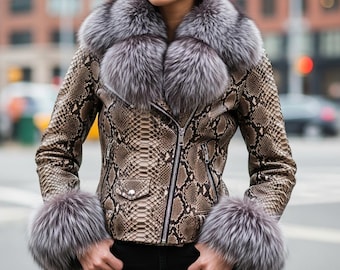 Python Schlangen-Print Lederjacke Echt Fuchs Pelzkragen Manschetten, Damen Winter Pelzjacken