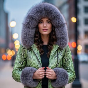 Pode incluir: Casaco verde com padrão de pele de cobra com capuz grande e punhos forrados a pêlo cinzento. O casaco tem fecho de correr e é usado sobre um top preto. O fundo é uma rua da cidade desfocada com luzes bokeh.