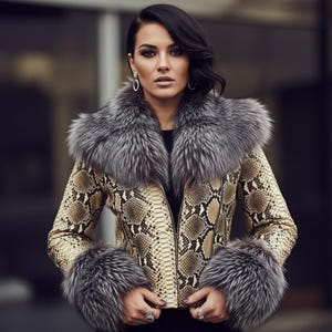 May include: A snakeskin-patterned jacket with a gray fur collar and cuffs. The jacket has a zipper closure and is worn over a black top. The model is wearing silver earrings and rings.