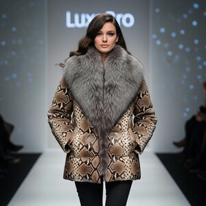 Könnte beinhalten: Eine Frau trägt einen Mantel mit Schlangenmuster und einem großen grauen Pelzkragen. Der Mantel ist braun und beige mit Reptilienmuster. Der Kragen ist hellgrau. Das Model steht auf einem Laufsteg.