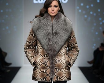 Damen Python Print Lederjacke mit echtem Fuchspelzkragen LuxeBro Snakeskin Wintermantel