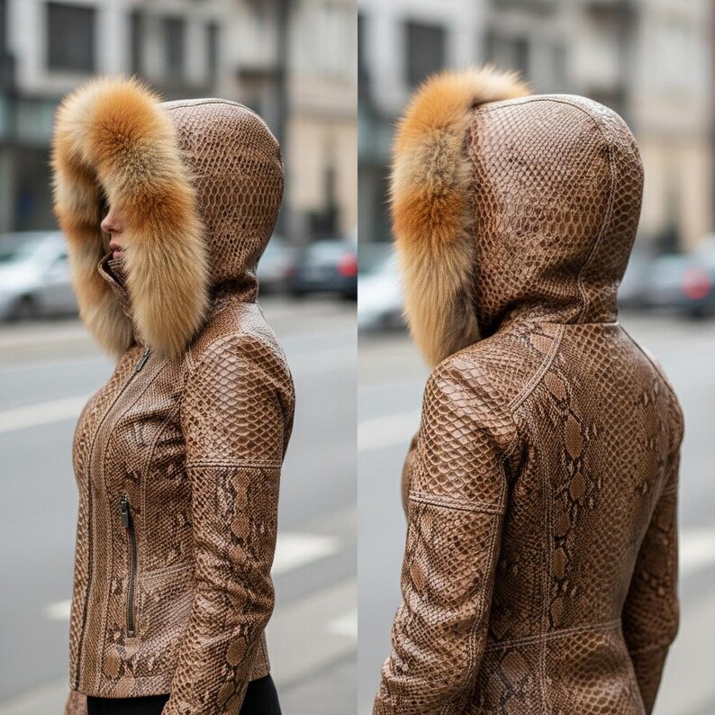 May include: A brown snakeskin-patterned leather jacket with a fur-trimmed hood. The jacket features a zip closure. The fur trim is a light brown colour. The jacket is worn by a person.