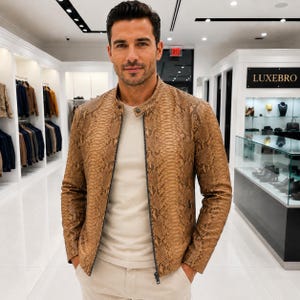 May include: A tan and brown snakeskin-patterned jacket with a mandarin collar and a full-length front zipper. The jacket is worn over a plain light beige crew-neck shirt and paired with matching light beige trousers in a retail store setting.