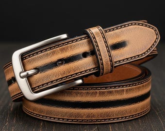 Vintage Leather Belt Men – Handmade Waxed Rustic Work Belt, Western Cowboy Casual Jeans Belts