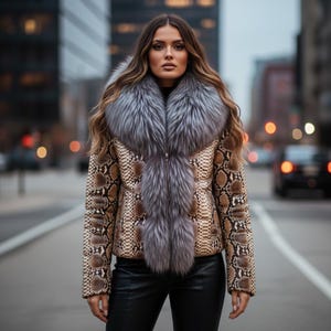 Può includere: Giacca con motivo a pelle di serpente con collo in pelliccia grigia. La giacca è marrone e beige con colletto nero. La modella indossa pantaloni di pelle neri. Lo sfondo è una via cittadina.