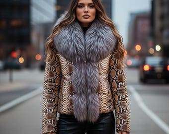 Women’s Python Print Leather Jacket Real Fox Fur Collar LuxeBro Winter Snakeskin Puffer jackets