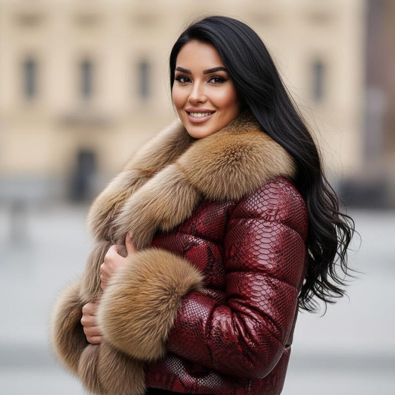 K&ouml;nnte beinhalten: Burgunderfarbene Pufferjacke mit Schlangenmuster, mit luxuri&ouml;sem Pelzkragen und Manschetten. Die Jacke ist ein Statement-Piece, das Textur und W&auml;rme f&uuml;r einen modischen Winterlook kombiniert.