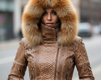 Damen Python Texture Lederjacke mit echter Fuchspelz Haube, Schlangenlederjacke