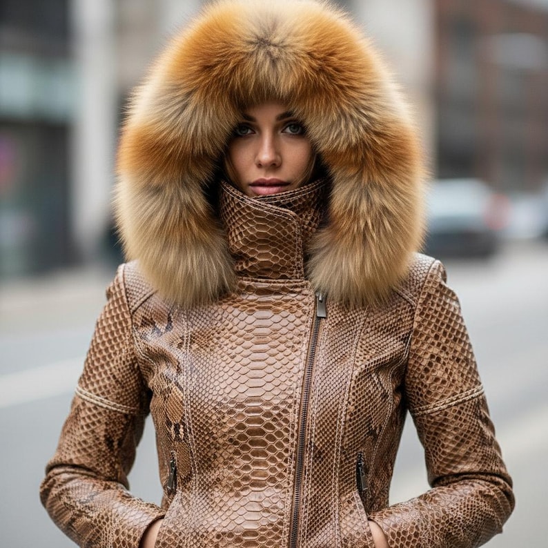 May include: A brown snakeskin-effect leather jacket featuring a large fur-trimmed hood. The jacket has a zip closure and a high collar. The fur is a blend of brown and tan hues. A fashionable outerwear garment.