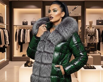 Women’s Green Python Print Puffer Jacket Real Fox Fur Collar Snakeskin Leather Jackets LuxeBro