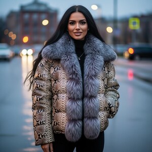 May include: A snakeskin-patterned puffer jacket with a gray fur collar and trim. The jacket has a high collar and long sleeves. The background is a blurred city street.