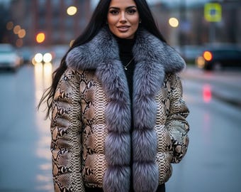 Python Print Puffer Leather Jacket Real Fox Fur Collar, Women’s Winter Fashion Coat LuxeBro