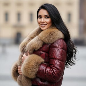 K&ouml;nnte beinhalten: Burgunderfarbene Pufferjacke mit Schlangenmuster, mit luxuri&ouml;sem Pelzkragen und Manschetten. Die Jacke ist ein Statement-Piece, das Textur und W&auml;rme f&uuml;r einen modischen Winterlook kombiniert.