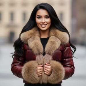 K&ouml;nnte beinhalten: Burgunderfarbene Pufferjacke mit Schlangenmuster, mit einem Kragen und Manschetten aus beigefarbenem Fell. Die Jacke ist zugekn&ouml;pft, und die Person l&auml;chelt. Der Hintergrund ist unscharf.