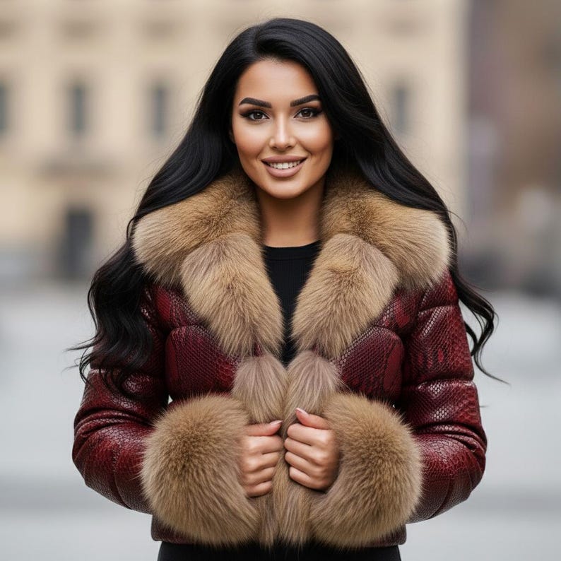 K&ouml;nnte beinhalten: Burgunderfarbene Pufferjacke mit Schlangenmuster, mit einem Kragen und Manschetten aus beigefarbenem Fell. Die Jacke ist zugekn&ouml;pft, und die Person l&auml;chelt. Der Hintergrund ist unscharf.