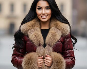 Kastanienbraune Python-Textur-Pufferjacken Damen Echtfuchspelz Winter Lederjacke LuxeBro