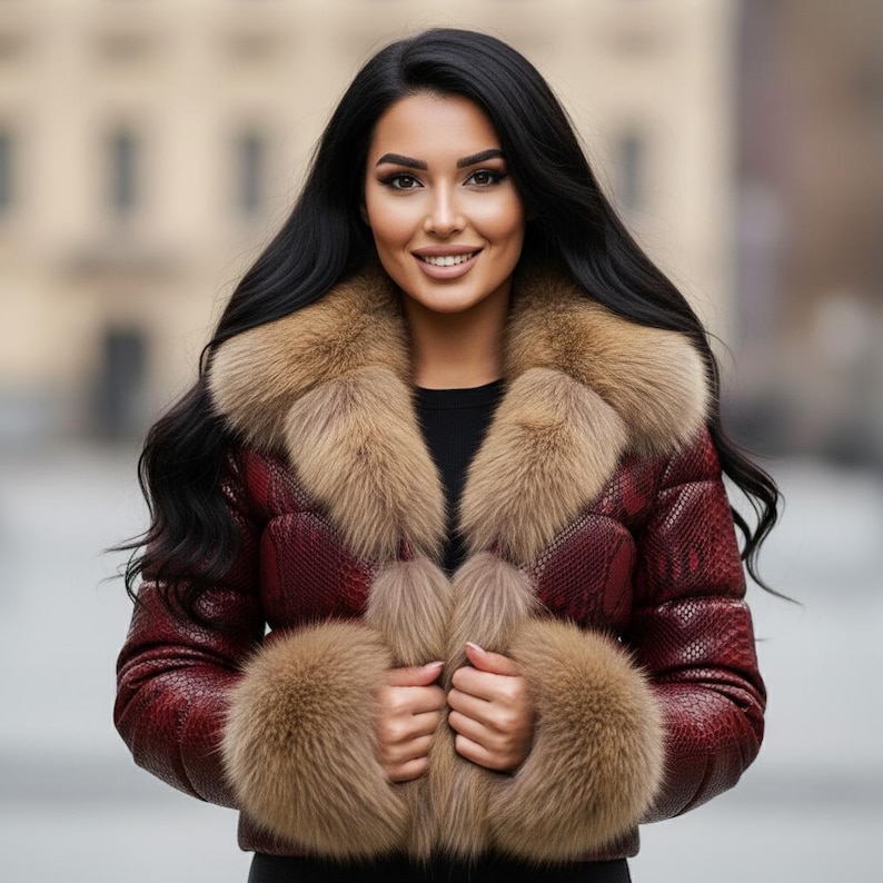 K&ouml;nnte beinhalten: Burgunderfarbene Pufferjacke mit Schlangenmuster, mit einem gro&szlig;en Kragen aus beigefarbenem Fell und passenden Fellmanschetten. Die Jacke ist zugekn&ouml;pft und wirkt warm und stilvoll.