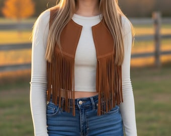 Western Cowgirl Vest, Brown Suede Fringe Vest Women, Rodeo Boho Festival Outfit