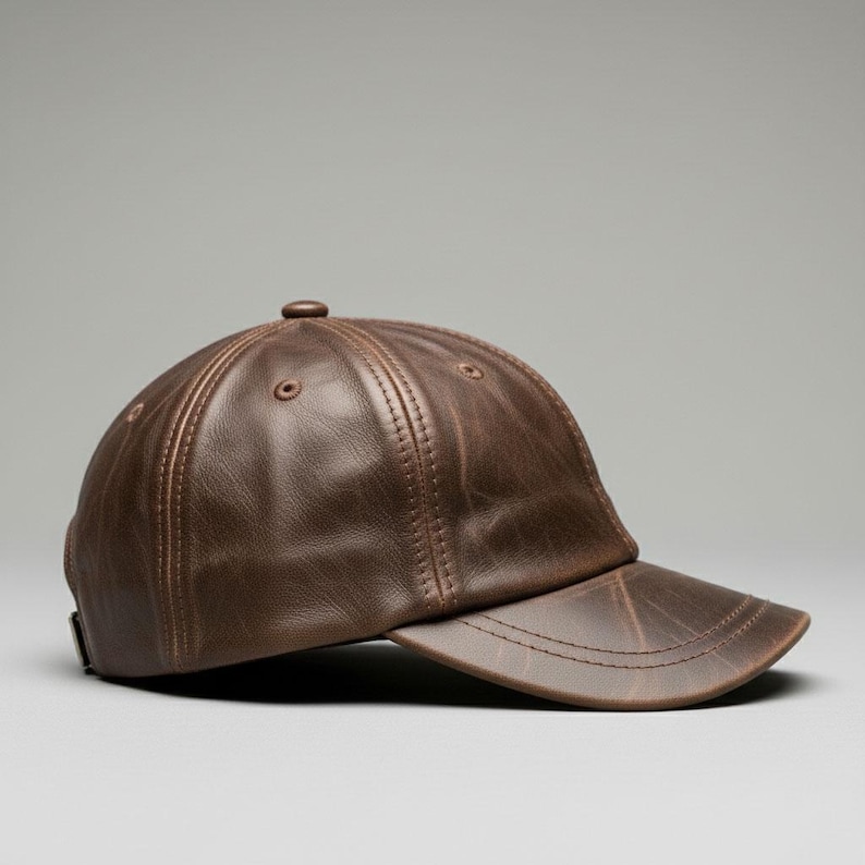 May include: A brown leather baseball cap with a curved brim. The cap has a classic six-panel design with a button on top and a stitched seam detail. The leather has a distressed look.