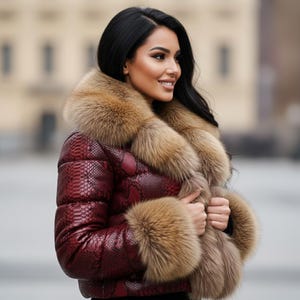 K&ouml;nnte beinhalten: Burgunderfarbene Pufferjacke mit Schlangenmuster, mit gro&szlig;em Pelzkragen und Pelzb&uuml;ndchen. Die Jacke wird von einer Person mit langen schwarzen Haaren getragen.