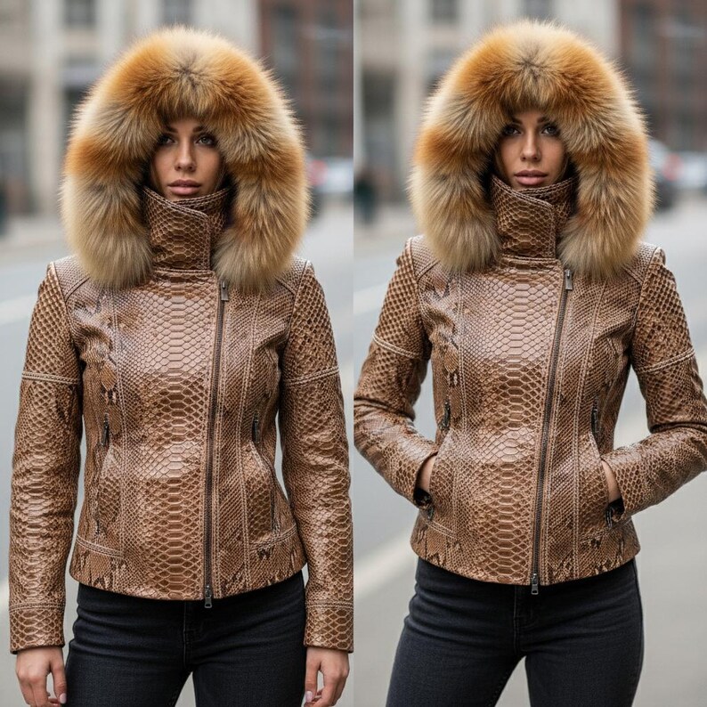 May include: A brown leather jacket with a snakeskin pattern and a fur-lined hood. The jacket features a high collar, a zip closure, and pockets. The model is wearing black jeans. A fashionable outerwear garment.