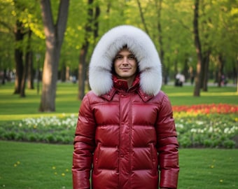 Men’s Red Leather Puffer Jacket with Real Fur Hood Winter Parka Christmas Gift