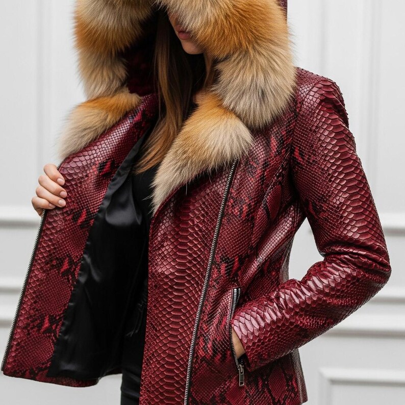 Puede incluir: Chaqueta de cuero roja con estampado de piel de serpiente y capucha con ribete de piel. La chaqueta tiene cierre de cremallera y forro negro. El ribete de piel es una mezcla de colores marr&oacute;n y beige. Prenda de abrigo elegante.
