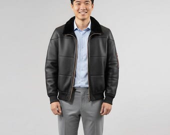 Luxury Shearling Bomber Jacket  Sheepskin Leather Winter Jacket with Fur Collar Men's Black