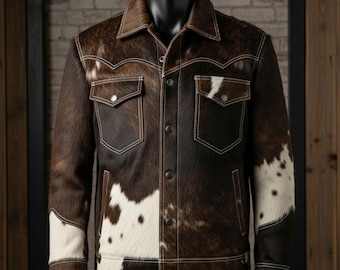 Giacca western in vera pelle di vacchetta con pelo, stile cowboy in vera pelle