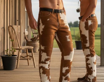 Men’s Genuine Cowhide Leather Pants Real Hair On Cow Skin Western Cowboy Jeans Pant