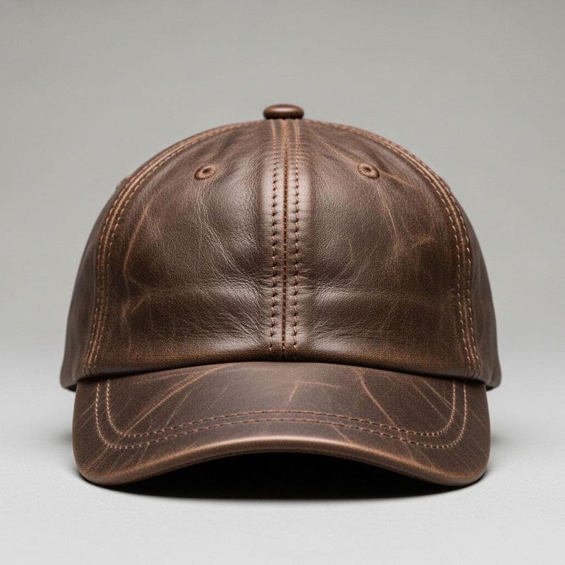May include: A brown leather baseball cap with a curved brim. The cap has a classic six-panel design with a button on top and stitched detailing. The leather has a distressed look, adding to its vintage appeal.