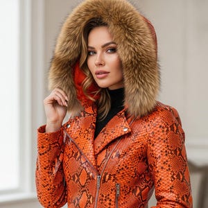 May include: An orange leather jacket with a snakeskin pattern and a fur-lined hood. The jacket has a zip closure and a black turtleneck underneath. The hood is trimmed with brown fur.