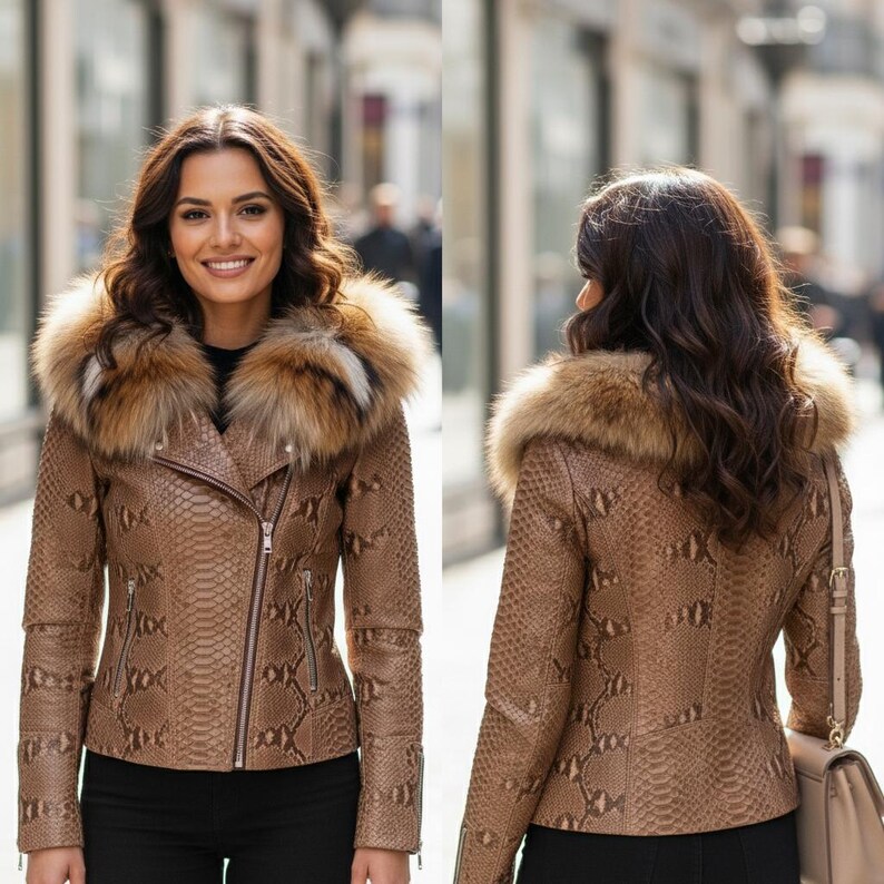 以下が含まれることがあります： ヘビ革模様と毛皮の襟が付いた茶色のレザージャケット。 ジャケットはジッパー開閉で、フィットしたシルエットです。 モデルは黒いパンツを着用しています。 ジャケットはスタイリッシュなアウターウェアです。