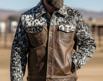 Leather Jacket Men’s of Cowhide Real Hair Western Cowboy Rodeo Outerwear Leather Jackets
