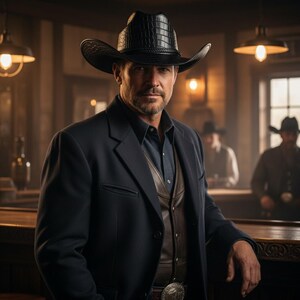 May include: A man wearing a black cowboy hat with a textured pattern, a navy blue blazer, and a brown leather vest. He is standing in a dimly lit saloon, leaning on a wooden bar. The hat has a distinctive, embossed design.