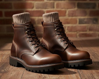 Men’s Brown Vintage Leather Work Boots – Handmade Lace-Up Ankle Everyday Casual Shoes