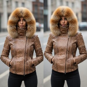 May include: A brown leather jacket with a snakeskin pattern and a large fur-lined hood. The jacket features a high collar, a zip closure, and pockets. The fur on the hood is light brown. The person is wearing black trousers.