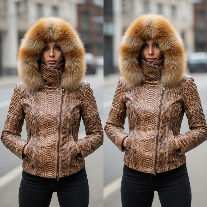 May include: A brown leather jacket with a snakeskin pattern and a large fur-lined hood. The jacket features a high collar, a zip closure, and pockets. The fur on the hood is light brown. The person is wearing black trousers.