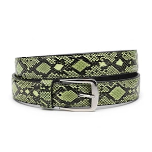 Puede incluir: Cinturón con estampado de piel de serpiente verde y negro con hebilla plateada. El cinturón está enrollado, mostrando el diseño de reptil. Accesorio de moda, mide aproximadamente 100 cm.
