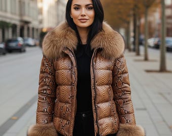 Veste en cuir de luxe pour femme en peau de serpent et python, col en fourrure de renard véritable, vestes matelassées à imprimé serpent