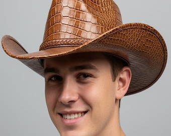 Brown Krokodil geprägte Leder Cowboyhut für Herren, handgefertigte Rodeo Western Style Hüte
