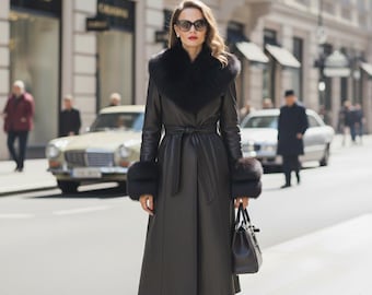 Manteau en cuir pour femmes avec bordure en fourrure de renard, poignets de col, trenchs d'hiver de luxe pour femmes