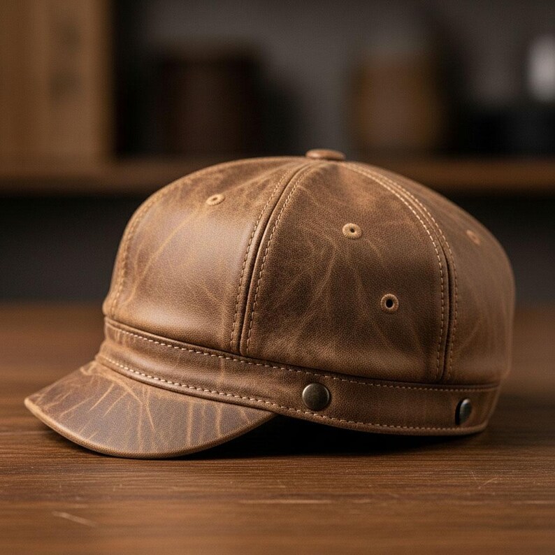 May include: A brown leather cap with a short brim and a rounded crown. The cap has visible stitching and metal button details on the side. The leather has a distressed, textured appearance.