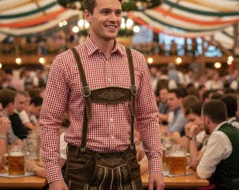 Oktoberfest Gingham Shirt Men, Red Check Bavarian German Festival Outfit, Lederhosen Men's Shirts