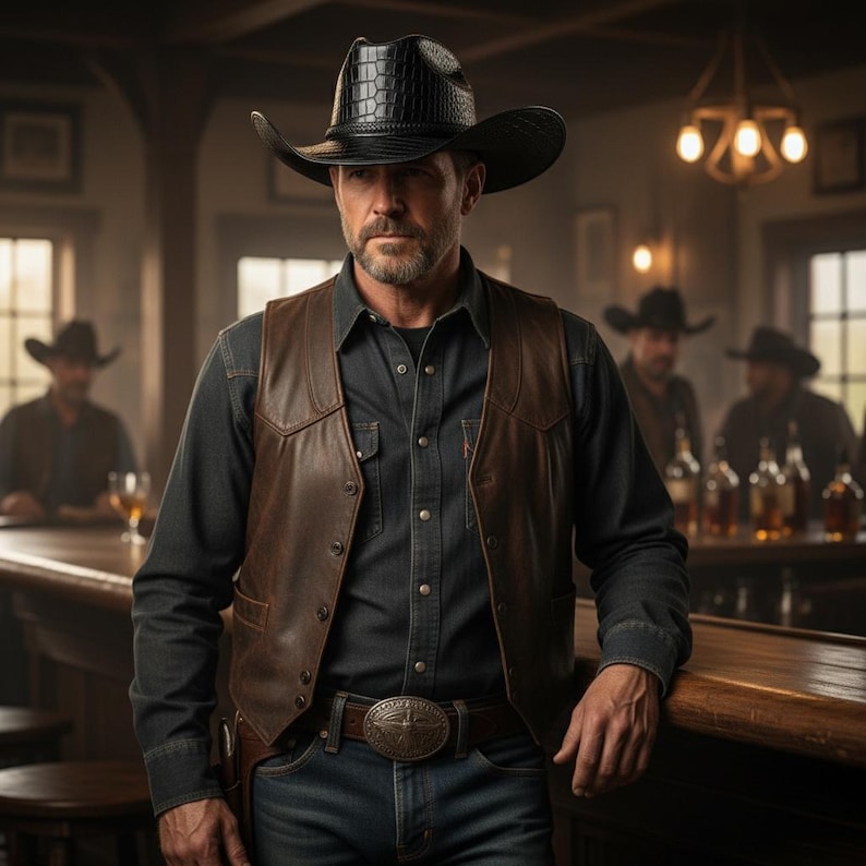 May include: A man in a black cowboy hat and brown leather vest stands at a bar. He wears a dark denim shirt, blue jeans, and a belt with a large buckle. Other men in cowboy hats are in the background.